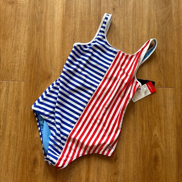 Speedo Chlorine Resistant Racerback Stripe One Piece Swim Suit NWT Youth 16 - Picture 1 of 7